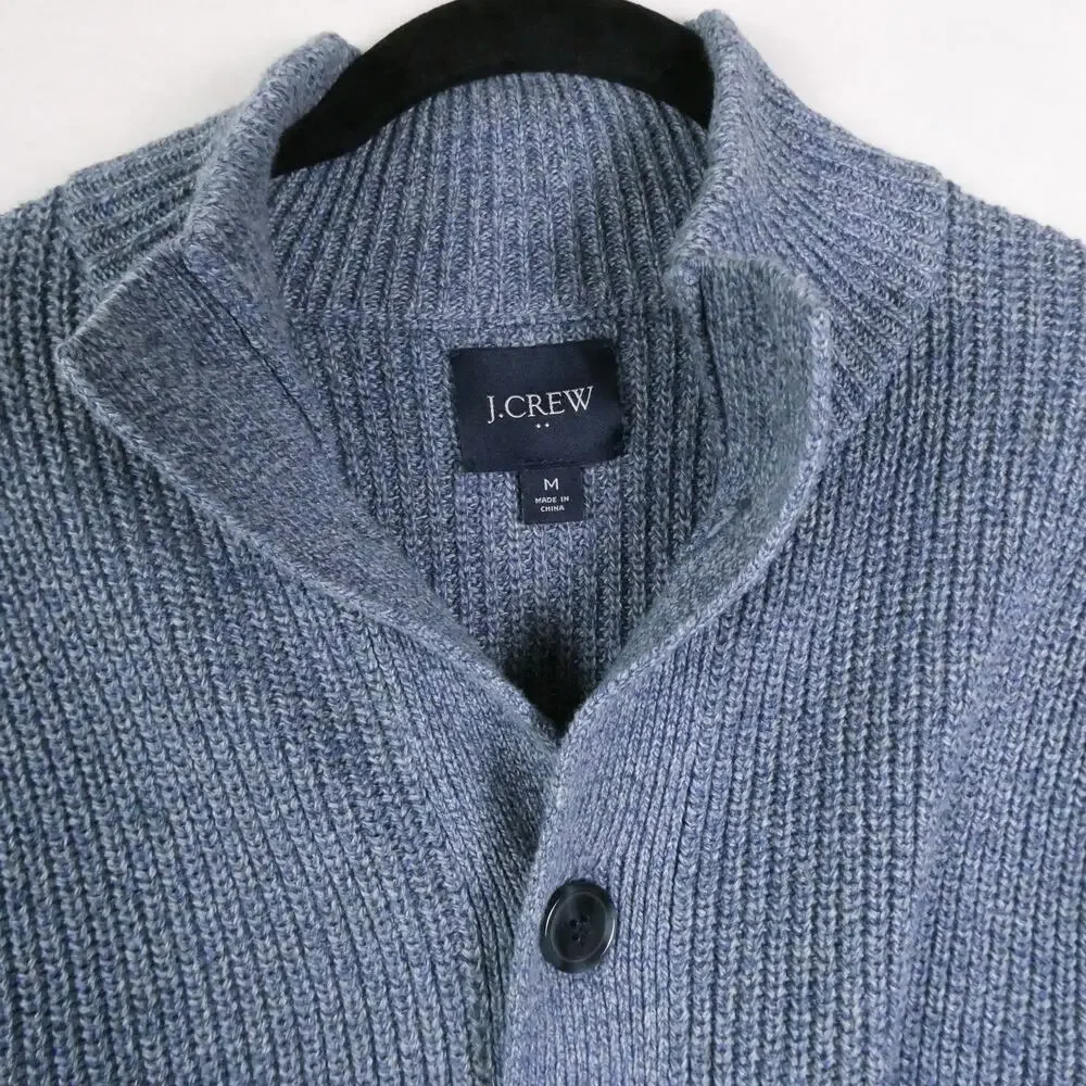 J.Crew Cotton Button Front Cardigan Size M High Mock Neck Blue Knit Reimagined